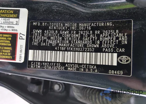 2017 Toyota Camry Se from USA, damaged, VIN 4T1BF1FKXHU272352